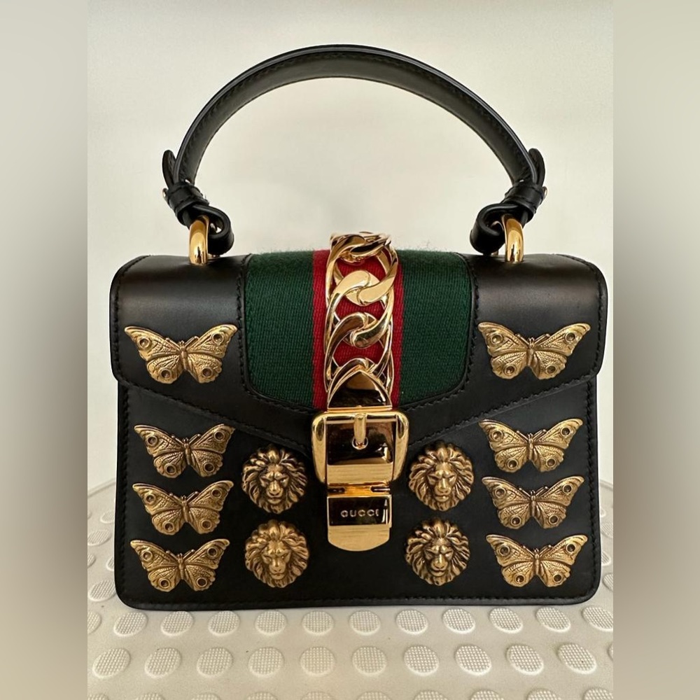 Gucci Sylvie animal studs black leather top handle mini bag